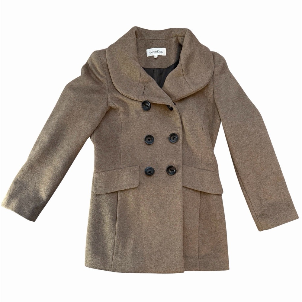 Calvin Klein Women's Double Breasted Wool Button Pea Coat Lined Pockets Sz 6 Tan